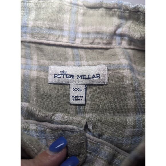 Peter Millar Shirt Mens 2XL green Plaid Linen Long Sleeve Button Up Collared - Picture 6 of 15